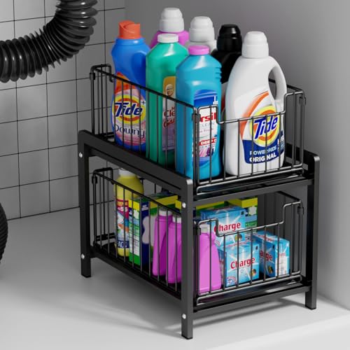 2 Tier Sliding Basket Drawer Organizer, Lxmons Pull Out Under Sink Cabinets Organizers, Metal Home Shelf for Bathroom or Kitchen, Sliding Countertop or Pantry Storage Shelf, Large Black - color: Black