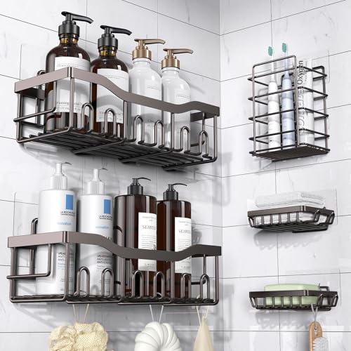 EUDELE 5-Pack Rustproof Stainless Steel Shower Caddy – No Drill Adhesive Bathroom Organizer with Large Capacity, Spacious Shower Shelves for Inside Shower, Kitchen & Home Decor Storage-XL Size - color: Dark Brown