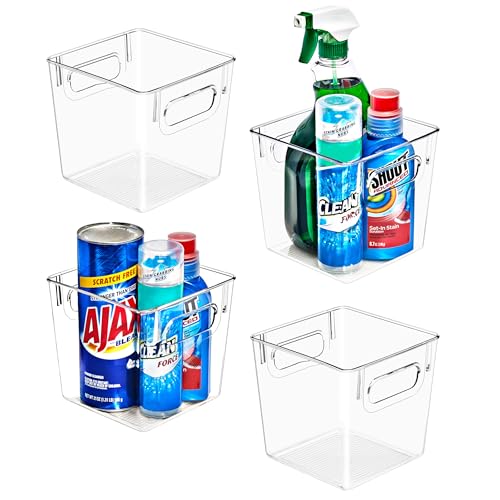 Sorbus 4 Pack Small Clear Plastic Storage Bins, Clear Organizer Bins with Handle for Kitchen, Pantry, Cabinet, Refrigerator, Craft, Toys, Clothes, Closet, Under Sink, Bathroom Organizers and Storage - size: Small, style: 4 Pack