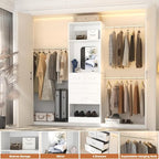 Unikito 48" W - 96” W Closet Organizer, 8FT Walk in Closet Systems Starter Kit with 25” Tower and 3 Extendable Hanging Rods, Sturdy Wood Garment Rack with 4 Drawers and Mirror, Max Load 1000 LBS White - color: White