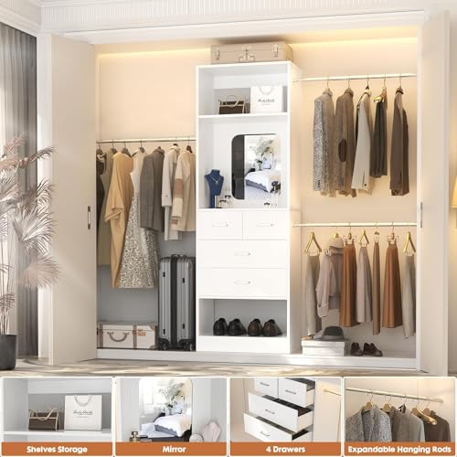 Unikito 48" W - 96” W Closet Organizer, 8FT Walk in Closet Systems Starter Kit with 25” Tower and 3 Extendable Hanging Rods, Sturdy Wood Garment Rack with 4 Drawers and Mirror, Max Load 1000 LBS White - color: White