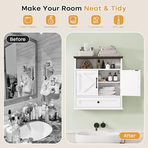 Bathroom Wall Cabinet, Wall Mounted Medicine Cabinet with Drawer, Barn Doors & Adjustable Shelf, 24.4"H x 23.6"W x 9"D White Over Toilet Farmhouse Storage Cabinet for Kitchen, Laundry Room, Entryway - color: White, size: 24.4"H x 23.6"W x 9"D