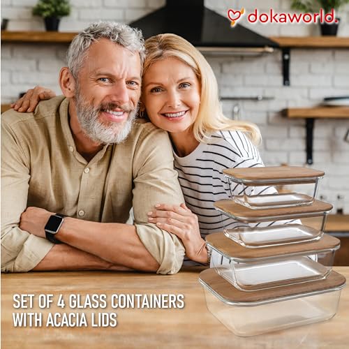 Glass Container Set with Acacia Lids - 4 Stackable Meal Prep Containers. Durable heat resistant Inert Borosilicate Glass - color: 4 Containers with Acacia Lids