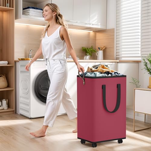 SpaceTrove Laundry Basket with Wheels, Collapsible Laundry Baskets, Laundry Hamper with Handles Detachable Wheels, Rolling Laundry Basket, Dirty Clothes Hamper for Bathroom, Dorm, Bedroom, Red, 80L - color: Red, size: 80L