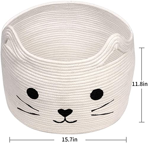 Large Woven Cotton Rope Storage Basket, Baby Laundry Basket Organizer for Towels, Blanket, Toys, Clothes, Gifts | Pet Gift Baskets for Cat, Dog - 15.7" L×11.8" H - color: White, size: 15.7"W x 11.8"H
