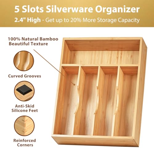 Umilife Kitchen Drawer Organizer, 10 Inch Silverware Utensil Tray Holder, Extra Deep, with Non-Slip Feet & Grooved Drawer Divider, 5 Slots Total Bamboo Wood Caddy for Flatware Cutlery Knives - size: 10 x 14 inch (5 Slots)