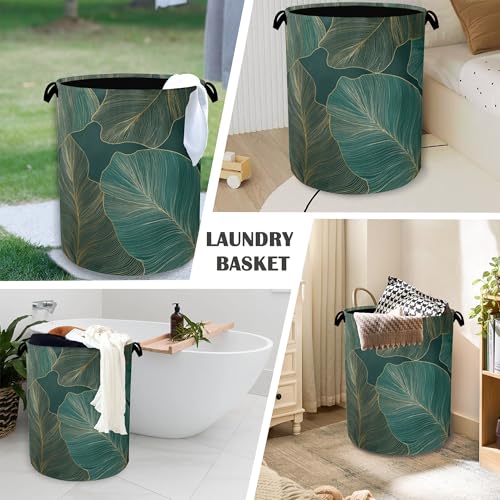 Palm Leaf Golden Laundry Hamper,Tropical Dirty Clothes Laundry Basket with Handles Waterproof Oxford Cloth Storage Basket for College Dorms Bathroom Bedroom 16" x 20.8" - color: Palm Leaf Golden Tropical