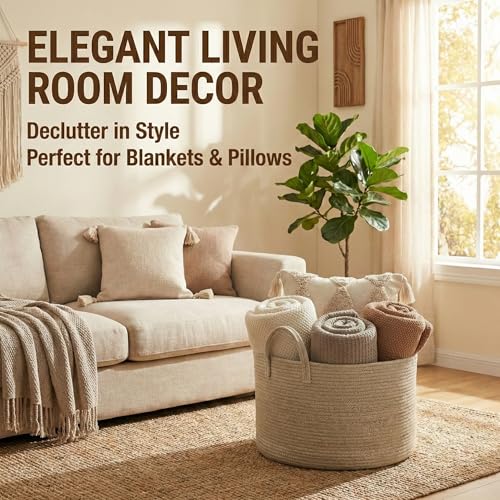 JMvicyroam 115L Extra Large Blanket Basket for Living Room - Woven Cotton Rope Laundry Hamper with Reinforced Handles - Storage Bin for Pillows, Comforters & Toys - Machine Washable,Oatmeal - color: Oatmeal, size: 115L