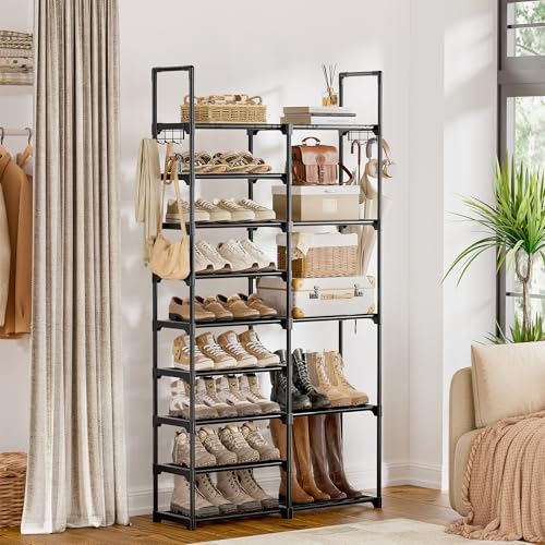 WOWLIVE 9 Tiers Shoe Rack Shoe Storage Shoe Organizer 30-35 Pairs Shoe Tower Unit Shelf Durable Metal Pipes with Plastic Connectors Stackable Cabinet Black(SSS2B9) - color: Black, size: 2 Row 9 Tier