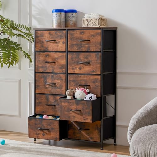 Sweetcrispy Dresser for Bedroom, Fabric Dresser with 10 Drawers, Chest of Drawers for Closet, Living Room, Sturdy Steel Frame, Wooden Top, Easy Pull Handle, Brown - color: Brown, size: 31.5"D x 11.8"W x 45.7"H (10 Drawers)
