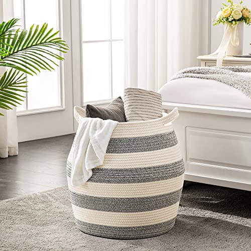 KAKAMAY Woven Baskets for Storage(17"x17"),Large Cotton Rope Basket Woven Baby Laundry Hamper,Collapsible Laundry Basket, Blanket Basket for Organizing Living Room,Nursery,Pillows,Toy Chest(Grey) - color: Grey and White