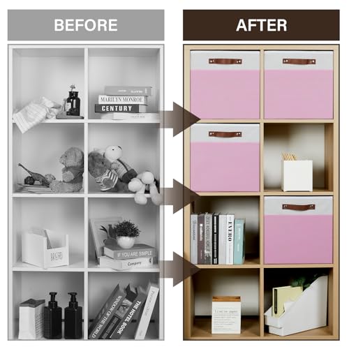 Temary Foldable Cube Baskets 4Pack - Clothes Shelf Storage with Handles, Fabric Storage Organizer Bins (White&Pink, 13x15x13 Inch) - color: White&Pink, size: 13x15x13
