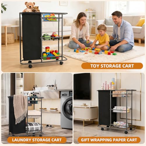 Rolling Laundry Cart with Wheels: 3-Tier Laundry Caddy Between Washer and Dryer - Heavy Duty Wrapping Paper Cart with 45L Bag for Narrow Space Laundry Room Bathroom Bedroom Black - color: Black