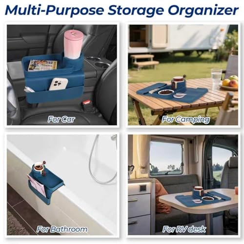 Silicone Couch Cup Holder Tray, 3-Side Sofa Armrest Organizer with Secure Gear-Shaped Locking Holder & Large Tablet Slot, Non-Slip Weighted Armchair Caddy, Couch Accessories (Blue) - color: Blue