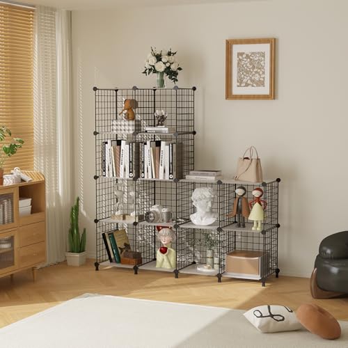 AWTATOS 12 Cube Storage Wire Closet Organizers DIY Stackable Storage Shelves Bookcase Cabinet for Home Office, Black - color: Black+translucent, size: 12 Cube(30x30cm)