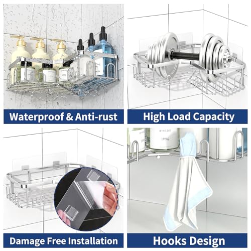 Menbyci 3 Pack Corner Shower Caddy, Adhesive Bathroom Shelves with 18 Hooks, Drill-Free & Quick-Dry Shower Organizer with Large Capacity, Rustproof Stainless Steel Bathroom Corner Storage Rack, Silver - color: Silver, size: 3 packs