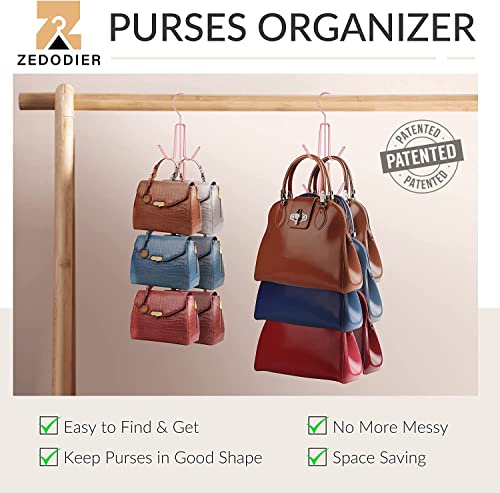 ZEDODIER 4 Pack Purse Organizer for Closet, Heavy-Duty Hanging Purse Hanger Closet Holds Up to 24 Purses, Metal Rotating Space Saving Bag Holder Handbag Storage Hook Backpack Rack, Pink - color: Pink, size: 4 Pack