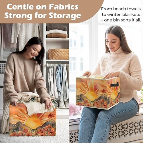 Boho Sun Wildflower Storage Bin Box with Handles, Watercolor Mountain Sunset Floral Botanical Foldable Linen Fabric Laundry Basket for Home Bedroom Bathroom Clothes Toys Books - color: Floral-F