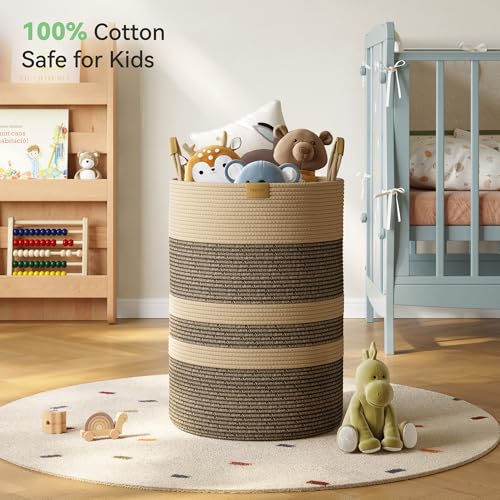 Nunsino 95L Striped Laundry Hamper with Leather Handles,Large Foldable Laundry Basket for Clothes,Cotton Rope Storage Bin for Blankets,Woven Clothes Basket for Bedroom,Dark Brown Stripes - color: Dark&Brown, size: 95L/25.1Gal