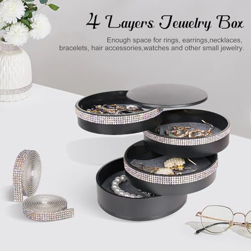 CONBOLA Jewelry Holder Organizer, Christmas Gifts Ideas for Women, Small Jewelry Storage Box Earring Holder, 5-Layer Rotating Jewelry Storage Tray with Lid for Bracelets Rings Bracelets - color: Sparkle Black