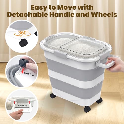 25-35Lbs Rice Container,Collapsible Food Storage Containers with Transparent Airtight Lid,Wheels,Rice Storage Container with Small Bin and Scoop,Rice Dispenser for Flour Sugar Cereal Grain Dog Cat - color: Clear/25-40lbs