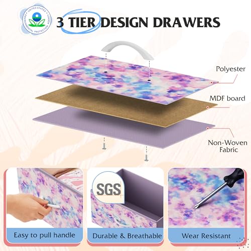 WLIVE Fabric Dresser, 5-Drawer Tall Dressers for Bedroom, Storage Dresser Organizer with Fabric Bins, Wood Top, Sturdy Steel Frame, Chest of Drawers for Closet, Tie-dye Print (Pink, Purple, Blue) - color: Tie-dye Purple Print