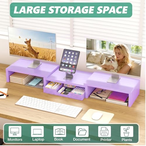 OPNICE Dual Computer Monitor Stand Riser with Drawer, Workspace Desk Organizer, Office Supplies Desk Accessories for Women, Purple - color: Purple