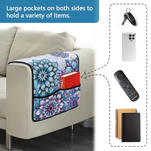 Boho Mandala Floral Print Sofa Armrest Organizer Scratch Proof Couch Sofa Armrest Cover Remote Controls Holder, 2 Side Storage Pocket for Magazine, Remote, Phone, Books - color: Boho Mandala Floral