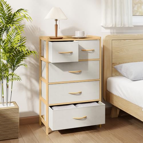 LOKO Fabric Dresser with 5 Drawers, Bamboo Chest of Drawers, Vertical Storage Tower for Small Space, Storage Organizer Unit for Bedroom, Entryway, Living Room, Laundry Room, Closet - size: 12"D x 23"W x 37"H (5 Drawers)