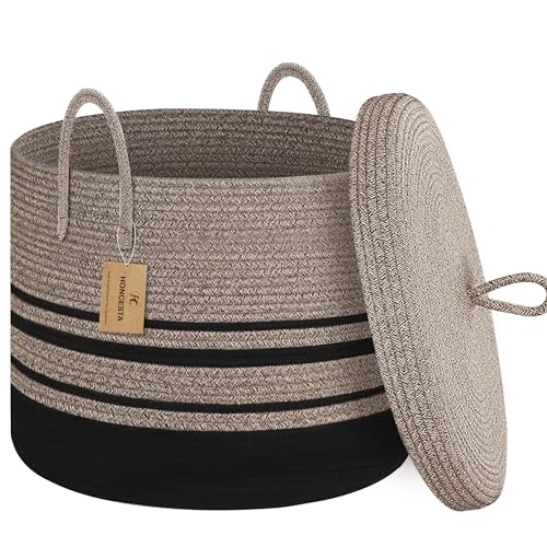 Extra Large Woven Basket with Lid, 18" X 14" Wicker Blanket Storage Basket Living Room, Tall Rope Storage Baskets for Toys, Decorative Kids Toy Bin Box with Cover, Baby Laundry Basket Hamper - color: Jute/Black