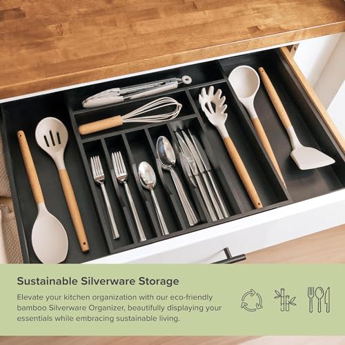 KitchenEdge Premium Silverware, Flatware and Utensil Organizer for Kitchen Drawers, Food-Safe Contract Grade, Expandable from 16 to 28 In, Black Bamboo - color: Black Bamboo, size: From 16" to 28" wide