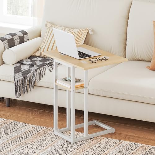 HOOBRO Foldable End Table, C Shaped Side Table with Storage Shelf, Small Snack Table Suitable for Living Room Bedroom Small Spaces, Easy Assembly, White and Natural WN29SF01 - color: White + Natural