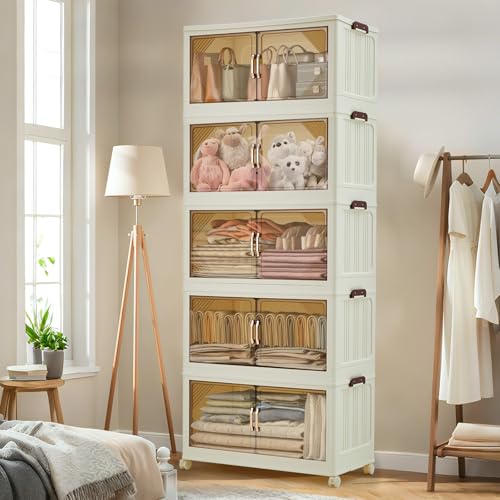 GarveeHome 240QT Stackable Storage Bins, Folding Storage Box with Magnetic Doors & Wheels, Loset Organizers and Storage with Lids, Collapsible Plastic Drawers for Bedroom Kitchen Office, White - color: 5rd Floor, size: 48QT