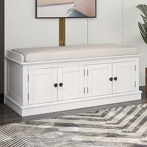 P PURLOVE Farmhouse Storage Bench for Entryway,Wood Storage Benches with Adjustable Shelves,Shoe Bench with Storage and Removable Cushion for Entryway,White - color: White, size: With 4 Door