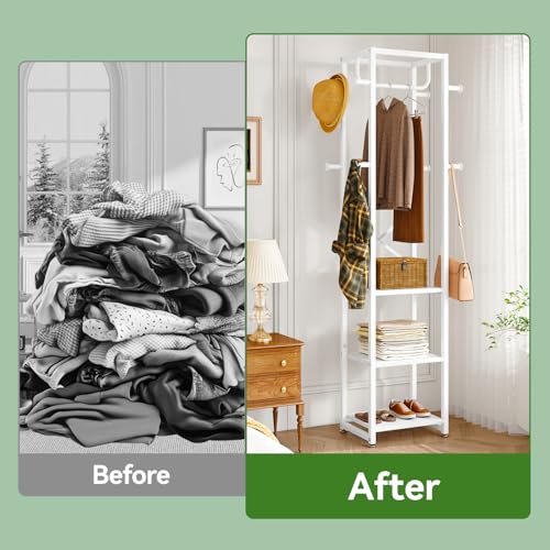 IBUYKE Coat Rack with Shelves, Freestanding Hall Tree with 3 Shelves and 8 Hooks, Industrial Clothes Stand for Entryway, Hallway, Bedroom, White UTMJ088W - color: White