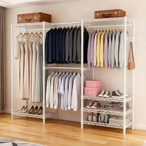 Heavy Duty Closet Garment Rack, 6 Tiers Adjustable Metal Freestanding Expandable Clothing Storage with 4 Hanger Rods, Easy to Assemble Wardrobe, 71.4" H x (70" - 88.2") L x 14" D, White - color: White