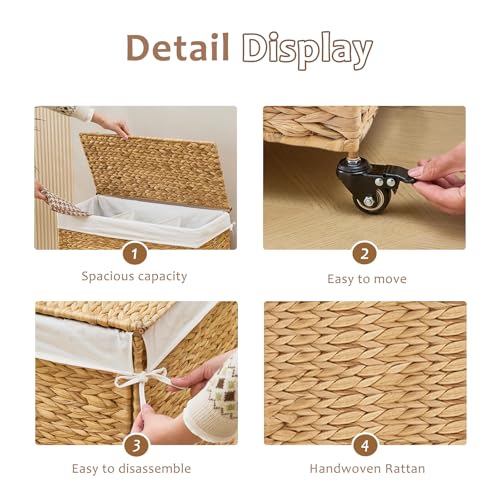 Handwoven Hamper with Lid, Laundry Basket with Wheels, Machine Washable Liner, 3 Section Clothes Hamper for Bathroom Laundry Room Bedroom(Natural, 165L) - color: Natural/With Lid/165L