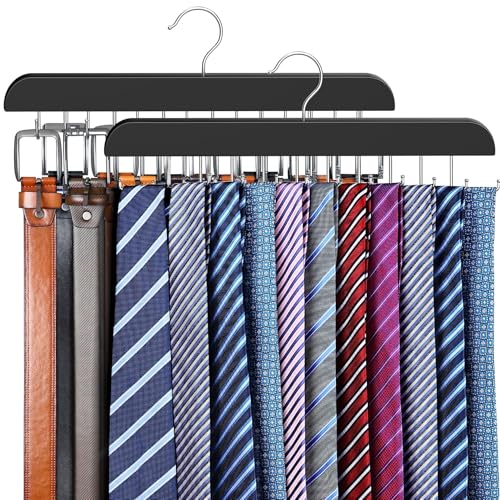 2 Pack Tie Rack & Belt Hanger 2 in 1 Tie Hanger Space Saving Max 42 Belts& 60 Ties Capacity for Closet Organizers and Storage, Sturdy Wood Belt & Tie Collection Organizer - color: Black