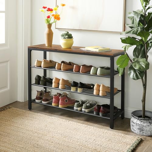 VASAGLE 4 Tier Shoe Rack, Shoe Organizer for Closet, Entryway, 16-20 Pairs of Shoes, Large Shoe Rack Organizer with 3 Metal Mesh Shelves, 11.8 x 39.4 x 28.3 Inches, Rustic Brown and Black ULBS14BX - color: Rustic Brown, size: 4 Tiers (39.4"W)