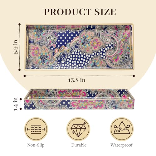 MAONAME Plastic Vanity Tray, Bathroom Counter Tray, Decorative Trays with Handles, Storage Dresser Trays Organizer for Toilet Tank, Jewelry, Makeup, 13.8" x 6" x 1.57" - color: Bohemian-2