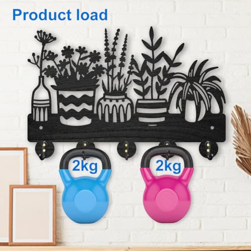 MAYJOYDIY Potted Plant Coat Hooks Wall Mount Wood Flower Pot Key Holder 11.87.9inch 5 Alloy Hooks Black Key Rack Organizer for Gift Wall Art Decor Florists Entryway Hallway Kitchen Room - color: Potted Plant