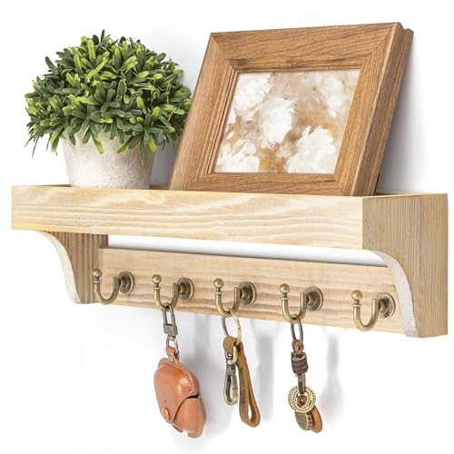 Rebee Vision Farmhouse Pine Wood Key Holder Wall Mount for Room Decor - Rustic Key Holder for Wall with Shelf for Small Plant and Cute Things - Ideal Entryway Organizer in House (Natural Wood) - color: Natural Wood