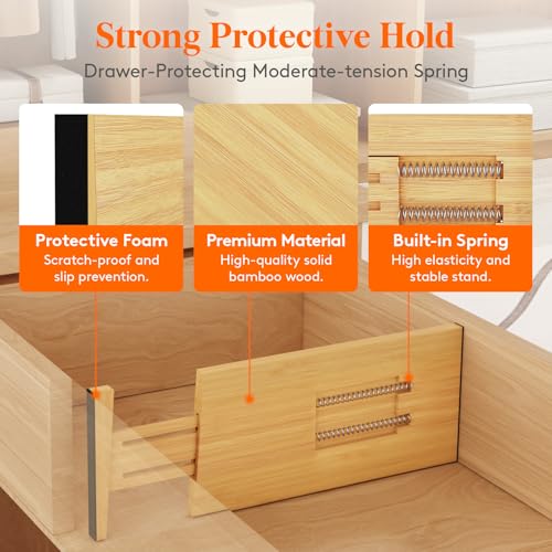 Lifewit 6" High 8 Pack Bamboo Drawer Dividers 33-42cm/13-16.5" Adjustable Wooden Drawer Organizer for Clothes/Utensils, Expandable Drawer Separator for Dresser/Kitchen/Bedroom/Office Organization - size: 6"H, 13-16.5"L