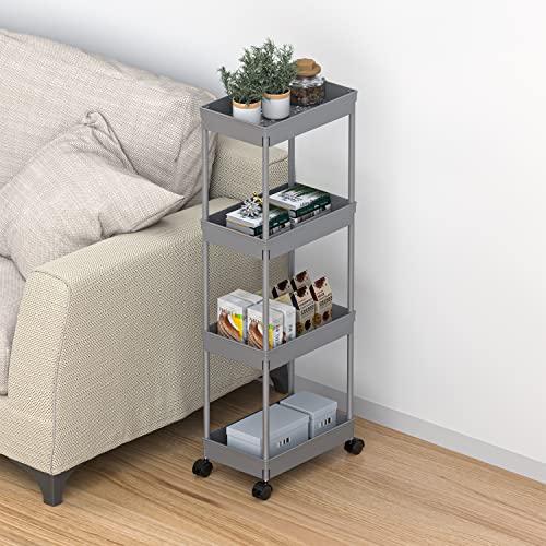 Sooyee 4 Tier Wide Storage Cart Mobile Shelving Unit Organizer Slide Out Storage Rolling Utility Cart Tower Rack for Kitchen Bathroom Laundry, Plastic & Stainless Steel,Grey - color: Gray, size: Wide