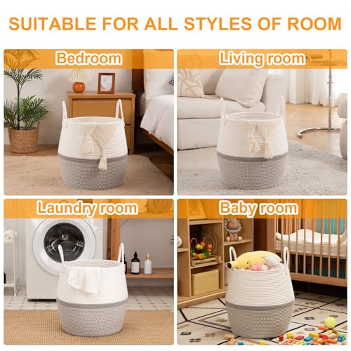 OIAHOMY 60L Blanket Basket with Handle, Storage Basket for Living Room, Laundry Hamper for Clothes, Towels, Pillows, Toy Storage for Kids and Dogs, Baby Hamper for Nursery - Grey & White - color: Grey & White, size: 60L