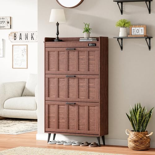 ChooChoo Shoe Storage Cabinet with 3 Flip Drawers, Deodorizing Shoe Organizer Storage for Entryway, Freestanding Hidden Slim Narrow Shoe Rack Cabinet, Walnut - color: Walnut, size: 3-Drawers