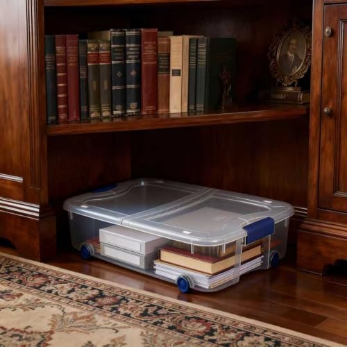 66 Quart Wheeled Latch Box, Clear Underbed Storage Bin with Lid, Blue