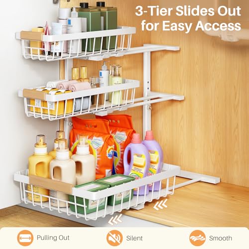 PXRACK Under Sink Organizer, 2-Pack 3-Tier Height Adjustable Thickened Metal Pull out Cabinet Organizer Shelf, Slide out Storage Drawer Rack for Bathroom Kitchen Pantry Home Organization, White - color: White