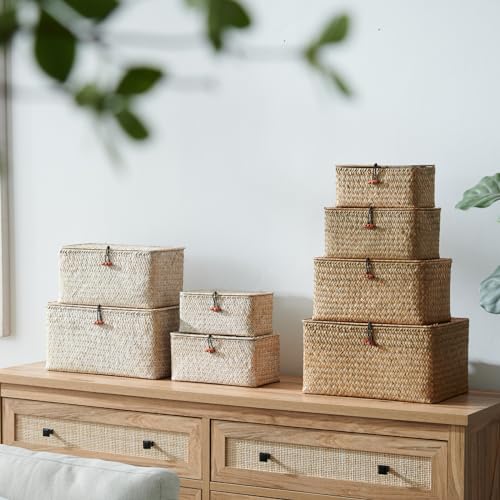 4 Pack, Wicker Baskets with Lids, Nautral Seagrass Storage Baskets, Wicker Storage Baskets for Organizing, Rustic Rectangular Storage Basket, Rattan Storage Organizer for Shelf Whitewash - color: Whitewashed (Set of 4)