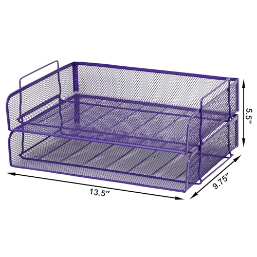 EASEPRES 2 Pack Stackable Desk Paper Tray, Metal Mesh Desktop Document Letter File Organizer for Office Home School, 13.5'' L x 9.75'' W x 5.5'' H, Purple - color: 2 Pack Purple